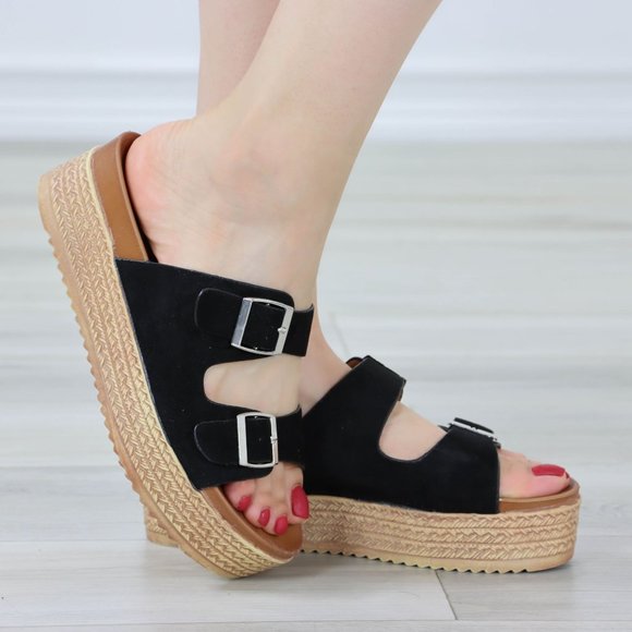 Suede Black Double Straps Comfort Platform Sandal Slip On Sliders - Picture 3 of 12